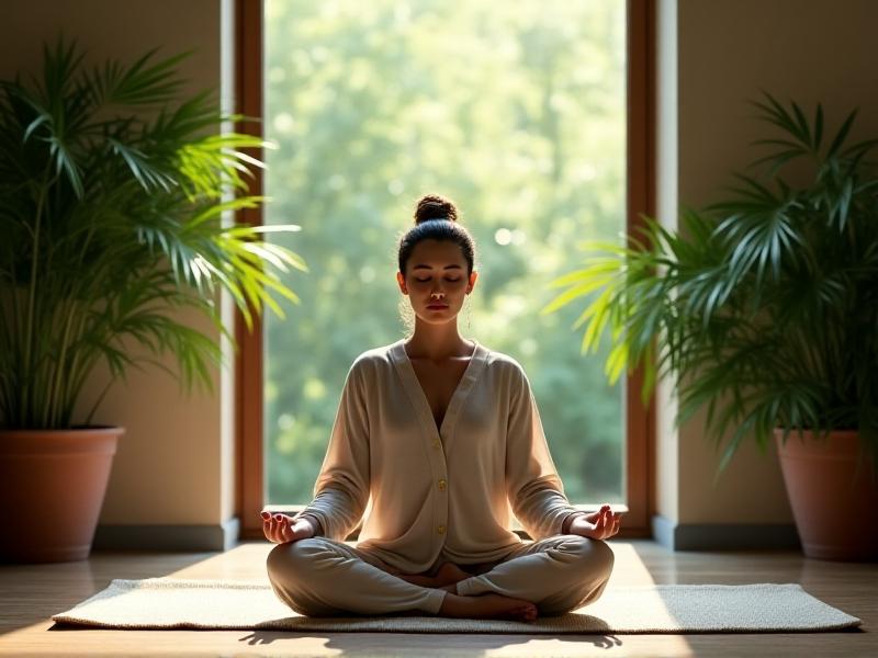 A serene meditation space with a person sitting cross-legged, practicing eye yoga. Soft natural lighting, green plants, and a yoga mat create a calming atmosphere. The individual’s hands are gently resting on their knees, eyes closed in relaxation.