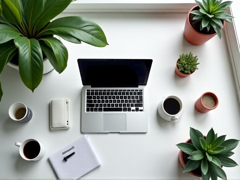 An overhead view of a desk with a laptop, notebook, and coffee mug. A pair of hands grips the desk edge during a plank, with midday sunlight casting sharp shadows. The scene balances productivity and wellness in a cluttered yet organized workspace.