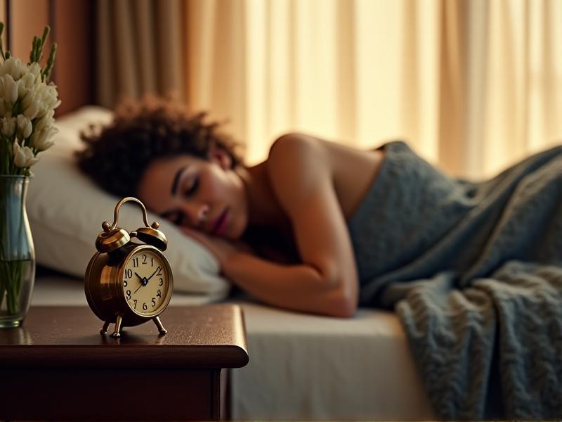 A vintage alarm clock on a wooden nightstand beside a person napping under a gray weighted blanket. Warm golden-hour light filters through sheer curtains, casting soft shadows. The clock reads 2:20 PM, emphasizing timed nap duration.