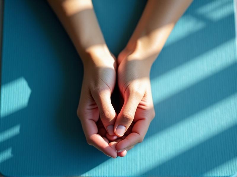 A pair of hands performing a wrist stretch exercise against a blue yoga mat. Fingers are interlocked and gently pulled upward, sunlight casting subtle shadows to emphasize muscle engagement and relaxation.
