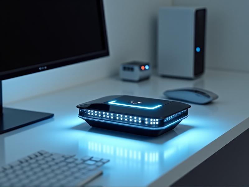 A sleek desk-mounted device with a small infrared sensor array and LED indicators, positioned next to a minimalist computer setup. The sensor emits subtle light beams to track shoulder and spine alignment. Clean, modern design with metallic accents and soft blue lighting evokes a sense of advanced, unobtrusive technology.