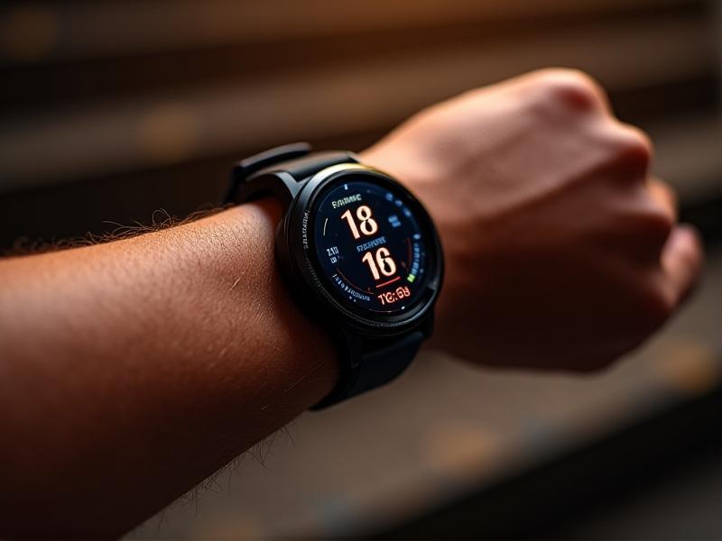 A close-up side view of a fitness tracker on a wrist, displaying heart rate zones during a stair workout, with blurred steps in the background and soft focus highlighting sweat droplets on the skin.