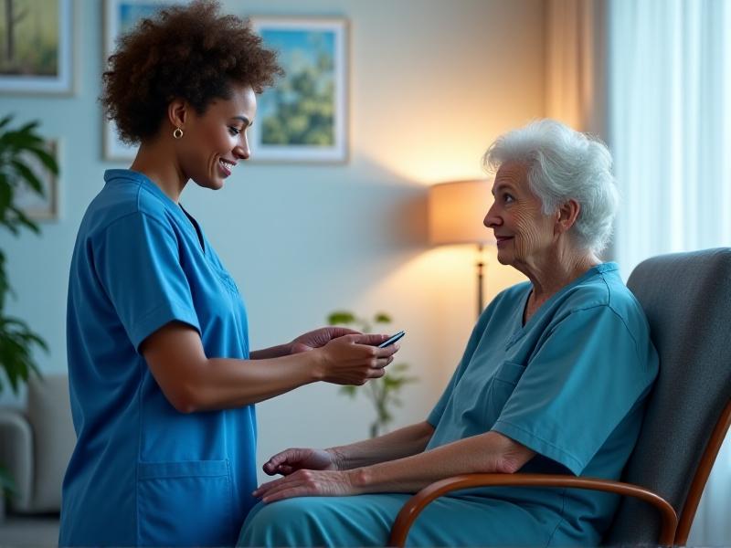 A healthcare professional adjusting a padded footrest for a senior patient in a clinic setting. The footrest has a protractor-like angle indicator and soft edges, depicted in a clinical yet compassionate style.