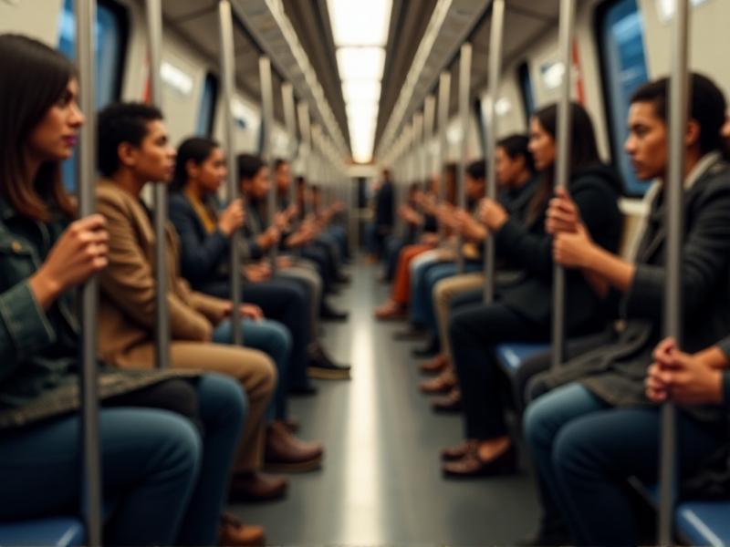 A stainless steel handrail in a subway train treated with an antimicrobial coating, reflecting ambient light. Passengers of diverse backgrounds are seen holding the rail, highlighting its role in public health and urban commuting.