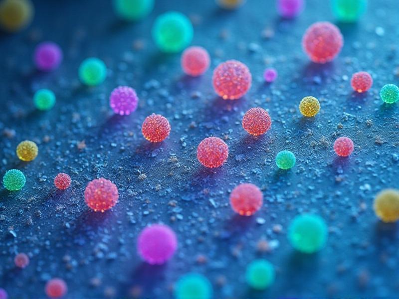 A close-up microscope view of a keyboard surface swab, showing diverse bacterial and fungal colonies in neon green, purple, and orange hues, with detailed cell structures visible under cool blue laboratory lighting.