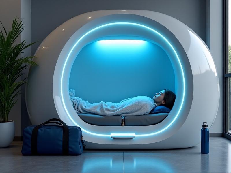 A modern office sleep pod with ergonomic gray upholstery and ambient LED lighting. A laptop bag and water bottle sit nearby, suggesting a professional taking a quick nap during work hours. Clean, futuristic design with muted colors.