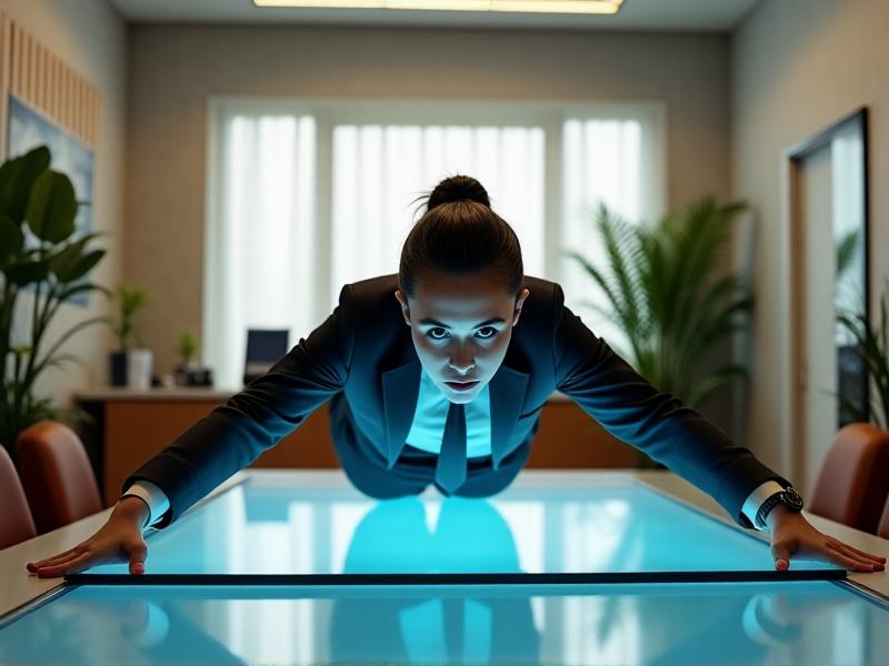 A person in a bright office performing a desk plank: forearms firmly planted on a glass desk, body in a straight line from head to heels. Fluorescent lighting reflects off the desk, contrasting with their determined expression and sleek office decor.