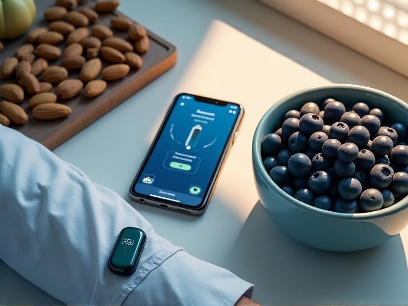 A flat-lay photo of a smartphone displaying a glucose-tracking app next to a continuous glucose monitor (CGM) sensor on a person's arm. The scene includes a bowl of blueberries and almonds, with soft natural light enhancing the tech-meets-nutrition theme. The CGM's sleek design contrasts with organic food textures, symbolizing modern health synergy.