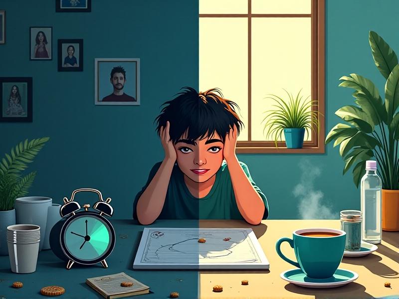A split-image collage: left side shows a cluttered desk with multiple empty coffee cups, an alarm clock reading 2 AM, and a person rubbing their eyes. The right side depicts a tidy workspace with a single espresso cup, a water bottle, and a person smiling while typing, lit by natural daylight.