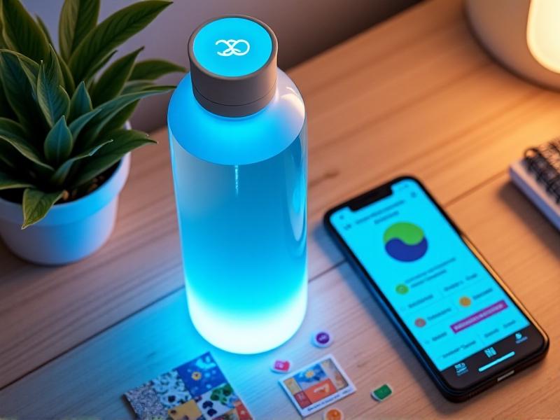 A collage of modern health tech: a smart water bottle glowing blue on a desk next to a smartphone displaying a hydration-tracking app with graphs, and a handwritten journal filled with colorful hydration stickers.