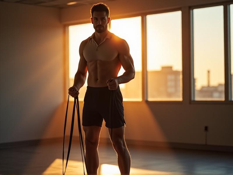 A person in a fitted polo shirt performing a standing desk chest opener with resistance bands, one foot slightly forward for balance, afternoon sun casting dynamic shadows that emphasize engaged shoulder and back muscles.