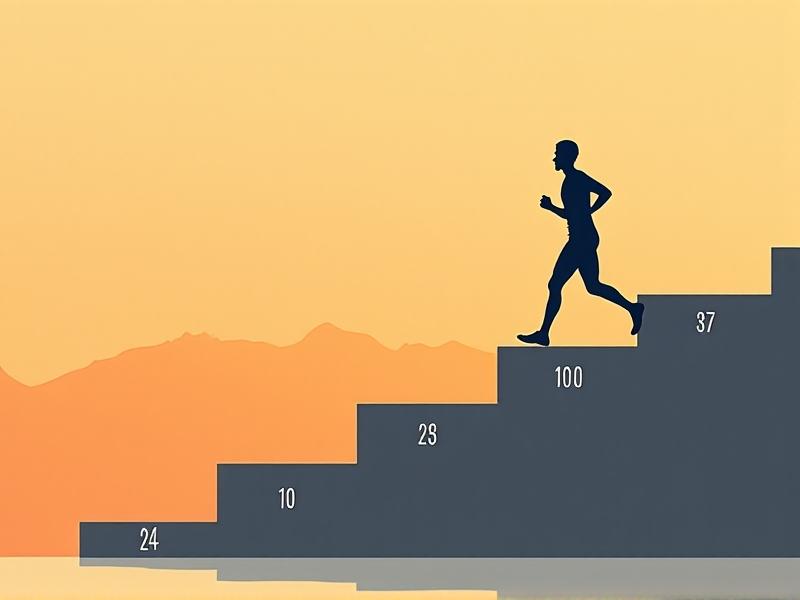 An illustrated infographic showing a silhouette of a runner ascending a staircase with numbers increasing on each step, styled in a minimalist design with orange and gray gradients.