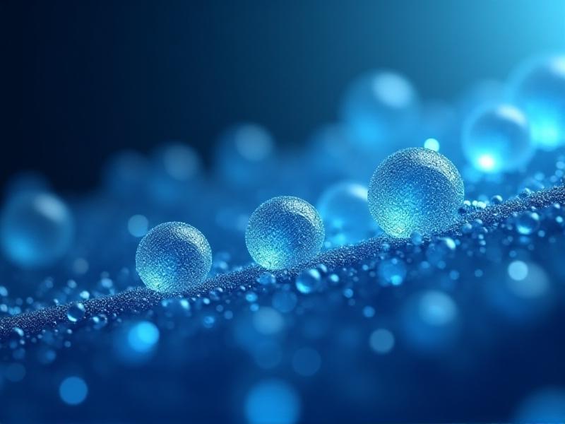 A digital illustration of glowing electrolyte molecules (sodium, potassium, magnesium, calcium) against a gradient blue background, representing cellular hydration processes with dynamic light effects and microscopic textures.