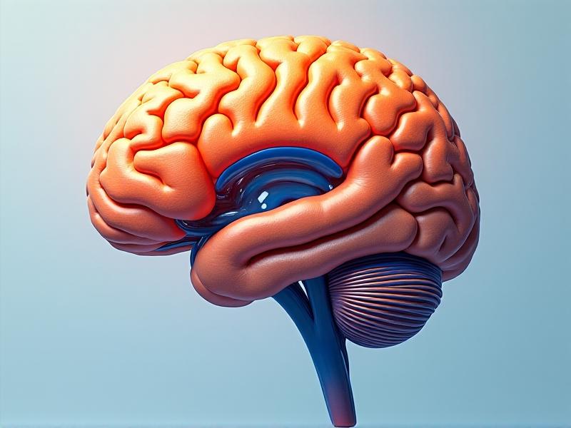 A cross-sectional infographic of a brain highlighting the hippocampus and prefrontal cortex, with animated glucose molecules entering neurons via blood vessels. The style is minimalist with warm orange tones for neural activity and cool blues for vascular structures, creating a clear visual contrast between biology and biochemistry.