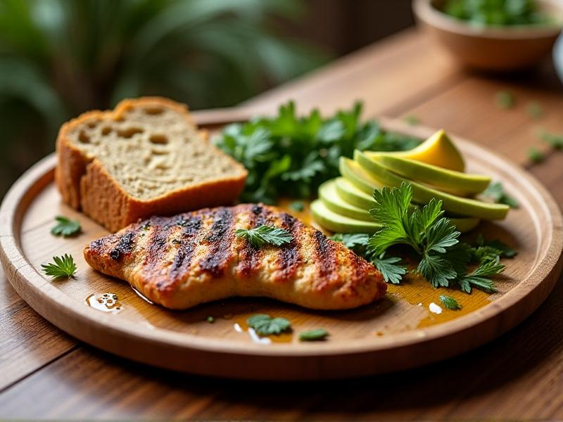 A wooden plate sectioned into thirds with whole-grain bread (carbs), grilled chicken (protein), and avocado slices (fats). Fresh herbs and olive oil drizzle add vibrancy, with warm lighting enhancing texture.