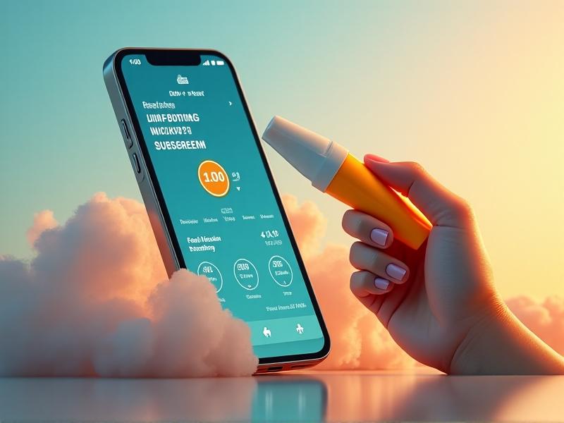 A close-up of a smartphone screen showing a sun exposure calculator app interface. The dashboard displays a live UV Index gauge, a skin type selector with emoji-like icons, and a countdown timer titled 'Safe Exposure Remaining.' The background features a dynamic weather animation with drifting clouds. A hand holding a sunscreen bottle hovers near the phone, casting a soft shadow. The design is sleek and user-friendly, with bold typography and teal-and-orange color schemes.