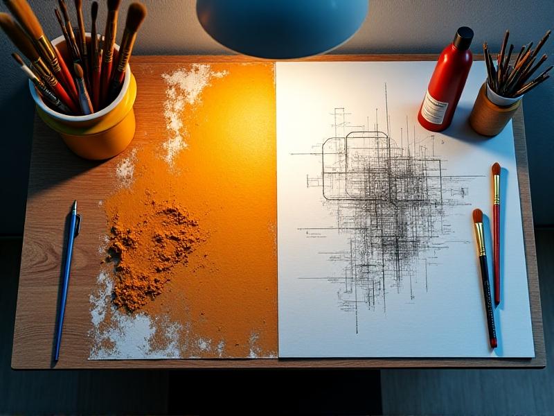 Split-screen image: left side shows a painter's desk under 3000K light with warm brushes and ochre pigments; right side features a drafting table under 6000K light, bright white paper with precise technical drawings. Each side's lighting matches the task's demands.
