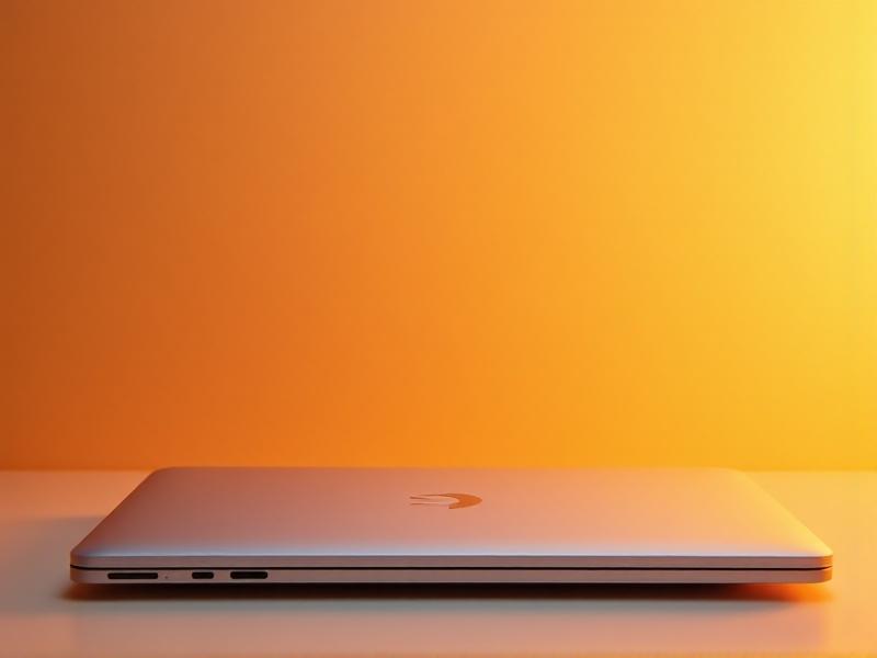 A minimalist desk setup with a silver laptop, wireless mouse, and a slim red light therapy panel mounted on a flexible arm, soft amber LED desk lighting, and a potted succulent, creating a calming workspace ambiance.