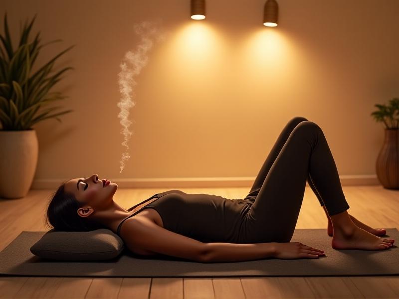 A person lying on a yoga mat with a book resting on their diaphragm, demonstrating abdominal rise during inhalation. Warm, diffuse lighting highlights relaxation and focus. Keywords: diaphragmatic breathing, core respiration, breath training.