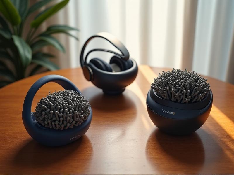 Three neurofeedback headsets displayed on a polished wooden table: a minimalist Muse headband, a clinical-grade OpenBCI headset with exposed wires, and a consumer-friendly NeuroSky device, with soft studio lighting casting subtle shadows.