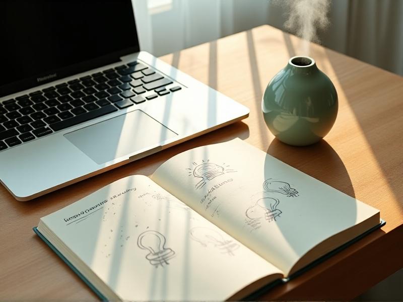 A minimalist workspace with a wooden desk, a laptop, and a ceramic essential oil diffuser emitting a wisp of steam. Sunlight filters through blinds, casting soft stripes over a notebook sketched with lightbulb doodles. Clean, airy composition with sage-green accents.