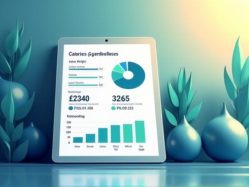 A digital illustration of a calorie calculator interface on a tablet screen. The display shows input fields for weight, standing duration, and activity level, with a vibrant chart comparing sitting vs. standing calories. The background features abstract geometric shapes in calming blues and greens, suggesting technology and health integration.