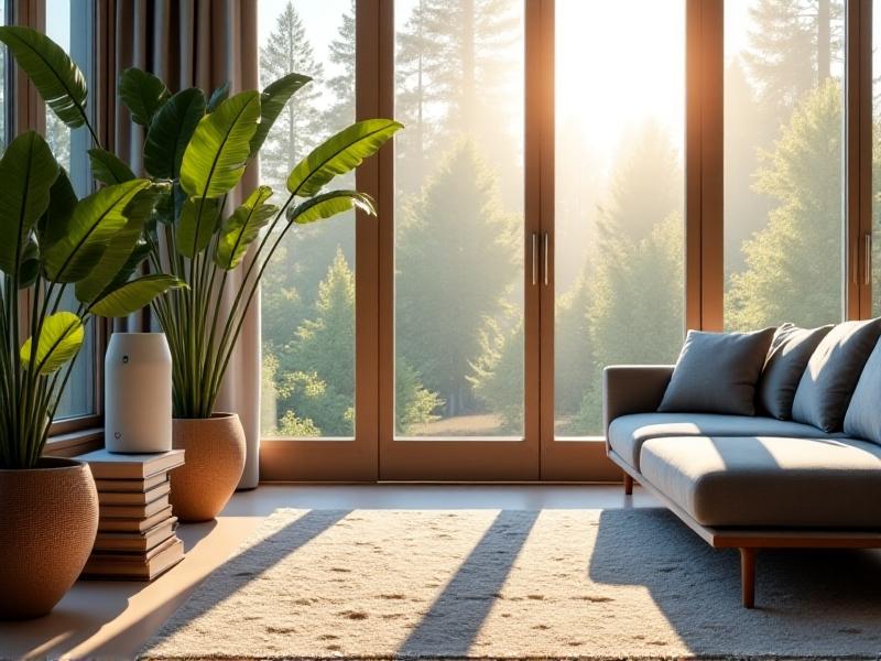 A modern living room with large windows. A cylindrical air purifier stands on a wooden side table near a gray sectional sofa, positioned between a potted monstera plant and a stack of books. Sunlight streams through the windows, casting soft shadows on a minimalist rug. The purifier’s airflow direction arrows point toward the room’s central seating area.