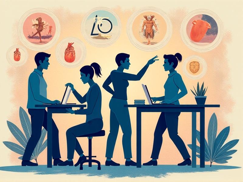 A collage-style image showing a diverse group of people using standing desks in various ways: one typing, another stretching, and a third shifting weight. Each figure is surrounded by icons representing weight, heart rate, clock time, and muscle diagrams, emphasizing multifaceted influences on calorie burn.