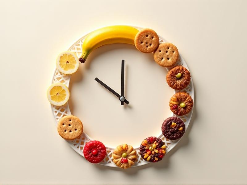 A circular clock with snacks replacing numbers: banana at 10 AM, trail mix at 2 PM, etc. Soft pastel background with minimalist design, emphasizing strategic timing.