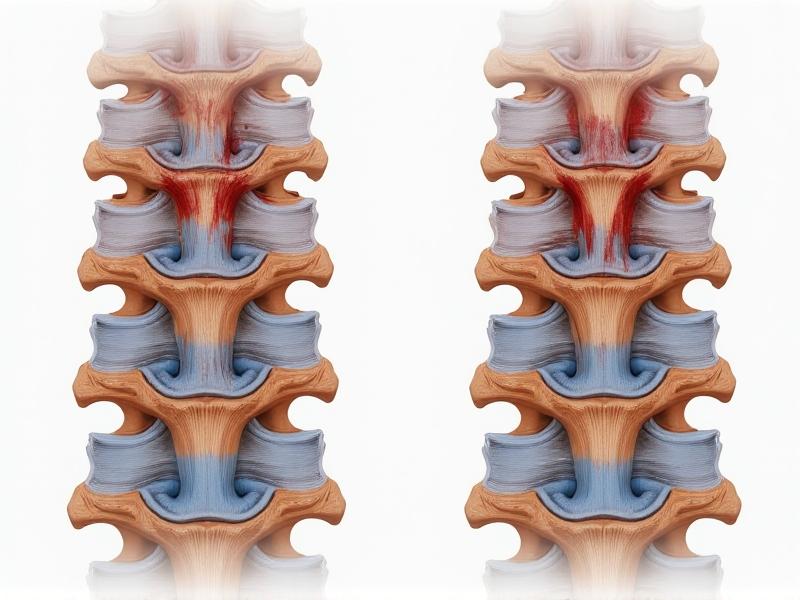 Medical illustration comparing healthy vs. compressed spinal discs, with detailed cross-sections showing nerve impingement and fluid loss in vertebral joints under high-pressure conditions, rendered in muted blues and reds.