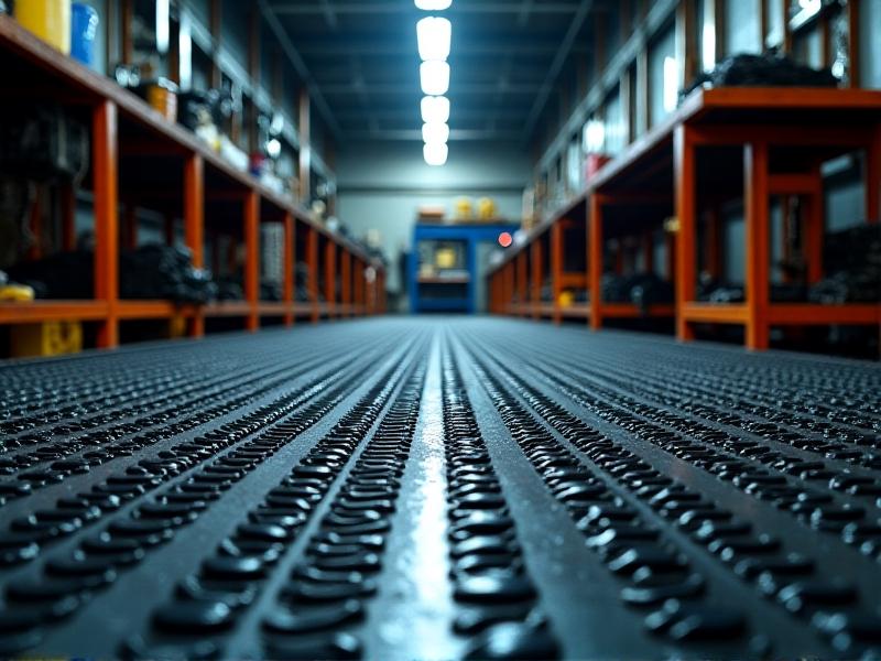 An industrial workshop floor covered in heavy-duty black rubber mats with raised tread patterns. The mats’ textured surface resists oil spills, shown by glossy wet spots under fluorescent lights. Tools and workbenches surround the scene, highlighting the mat’s rugged, slip-resistant design.