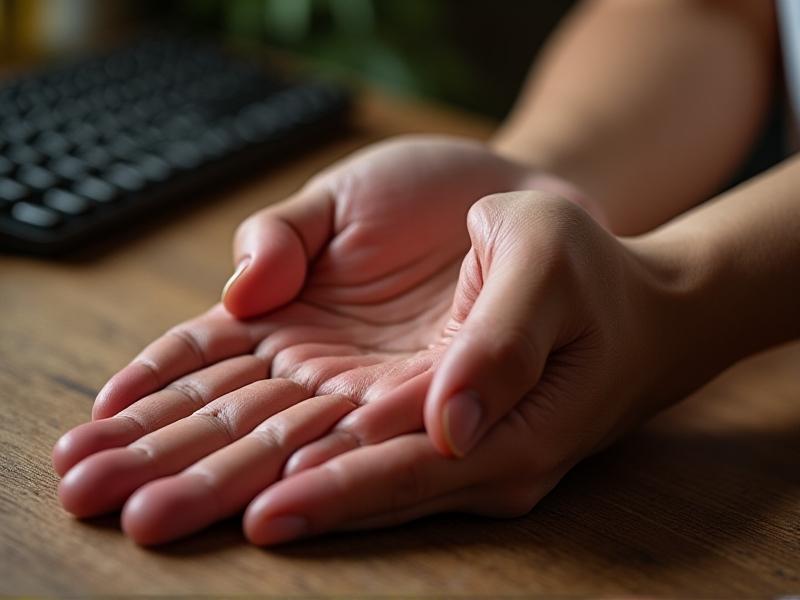 A step-by-step photo series showing a person massaging their own hand using thumb pressure on the palm and circular motions around the wrist. The images have a warm, natural tone with soft focus on the hands, set against a wooden desk with a keyboard in the background.