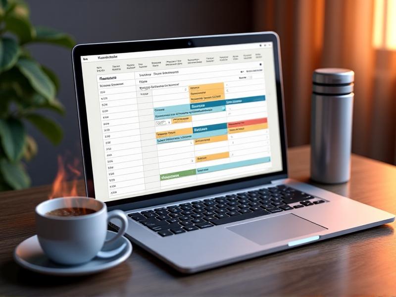 A digital calendar on a laptop screen showing color-coded blocks for fasting, work meetings, and meal times. A coffee cup, water bottle, and notebook sit beside the laptop, symbolizing productivity. Style: realistic 3D rendering with warm lighting and a minimalist desk setup.