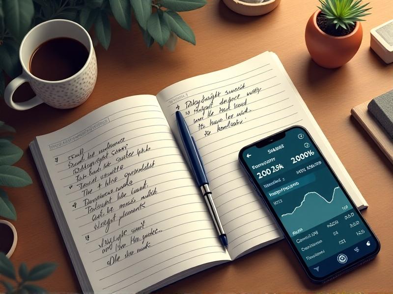 An open notebook with handwritten notes tracking squat progress, alongside a smartphone displaying a fitness app. A pen and coffee cup sit nearby, invoking a personalized, DIY approach. Soft natural light enhances the organic feel.