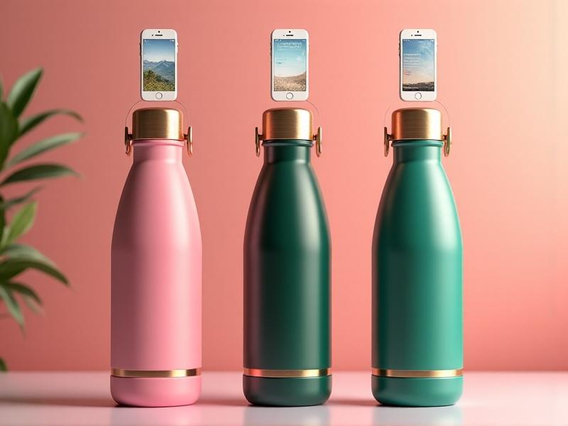Three smart water bottles side by side: a compact pink silicone model for yoga, a rugged green hiking bottle with carabiner clip, and a glass office-style bottle with gold accents. Each displays unique app interfaces on a floating smartphone screen above them.