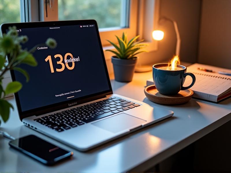 A desktop setup with a laptop, notebook, and hourly reminder on a phone screen that says 'Eye Break!'. A steaming mug and small potted plant add warmth to the workspace.