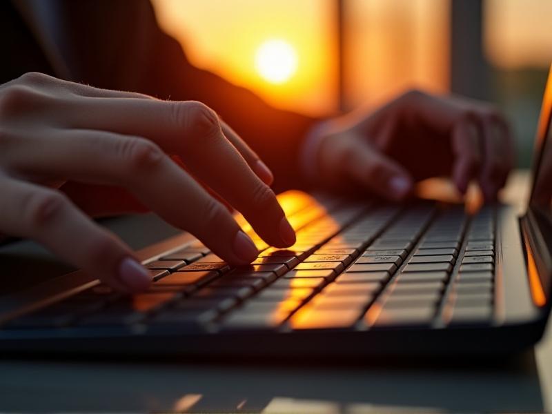 A close-up of hands gracefully hovering over a mechanical keyboard with labeled keycaps. Soft golden-hour lighting highlights finger positioning, while faint motion blur suggests swift, confident keystrokes. The image radiates expertise and tactile mastery.