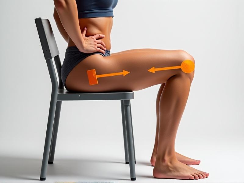 A close-up side view of a person demonstrating correct chair squat form. Arrows overlay the image to show knee and hip alignment, with annotations highlighting core engagement and foot positioning. Soft studio lighting eliminates shadows, emphasizing clarity for educational purposes.