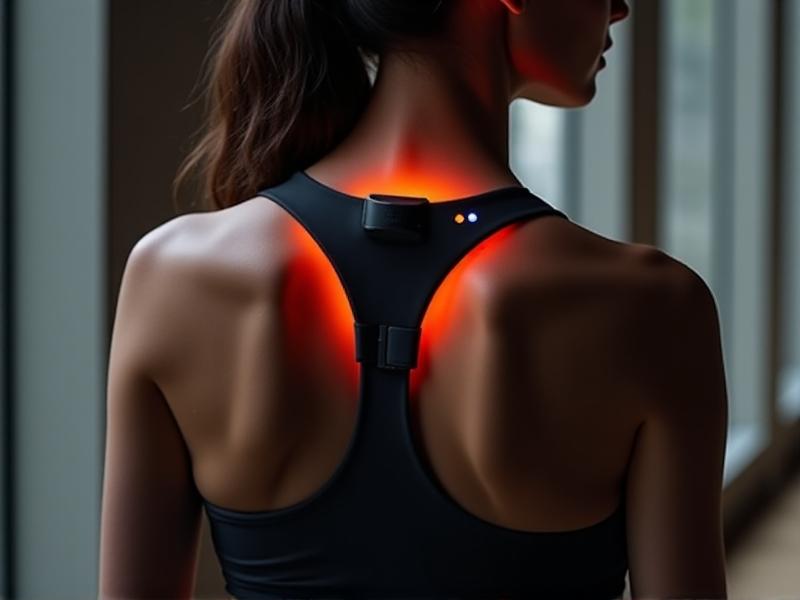 A close-up of a wearable posture device on a person’s upper back, featuring a minimalist black sensor with LED indicators, against a neutral background, emphasizing sleek technology design.