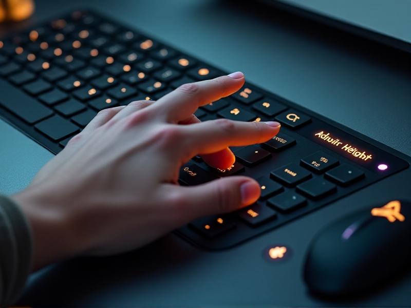 A close-up of a hand pressing a standing desk control panel with glowing buttons, showing a digital display reading '45 min - Adjust Height,' with blurred foreground elements of forearms engaged in a subtle wrist stretch exercise.