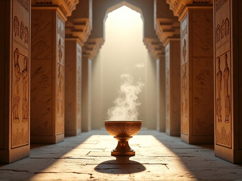 A stone temple corridor illuminated by sunlight, with smoke curling from a bronze incense burner filled with myrrh resin and rosemary. Mural details show hieroglyphs of creative deities, rendered in warm ochre and terracotta tones, evoking ancient mystical practices.