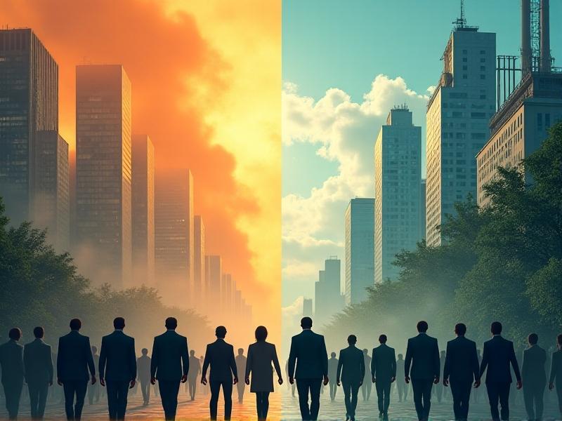A split-image illustration contrasting a polluted cityscape under a smoky orange haze with a clean, green urban environment. On the left, businesspeople wear masks and look fatigued; on the right, professionals walk briskly under clear skies, symbolizing the economic impact of air quality.