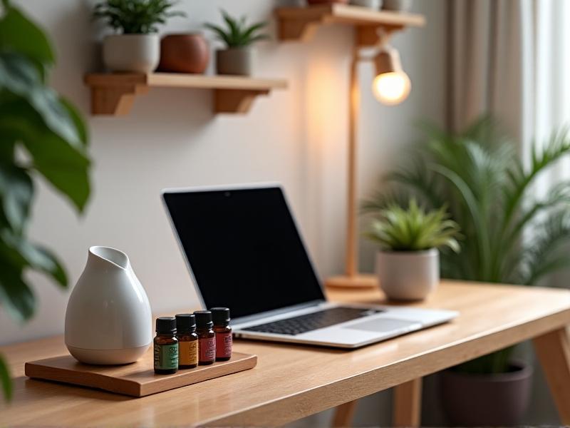 An organized desk featuring a bamboo laptop stand, a ceramic diffuser, and neatly labeled essential oil bottles arranged by use: 'Energy,' 'Focus,' and 'Relaxation.' A potted succulent adds a touch of greenery to the functional setup.