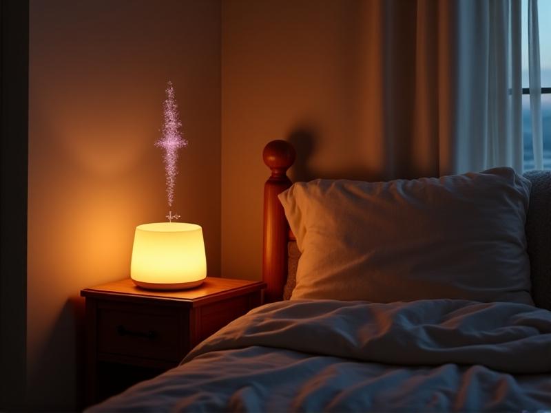 A dimly lit bedroom with a white noise machine on a wooden nightstand, emitting soft amber light. Sound waves hover above the device, transitioning from purple (low Hz) to pale yellow (mid Hz), evoking tranquility and comfort.