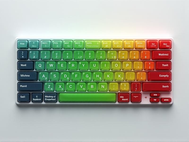 A color-coded keyboard diagram showing high-usage keys in green (central zone), medium-usage in yellow (inner periphery), and rare commands in red (outer edges), with curved layout reducing finger stretch.