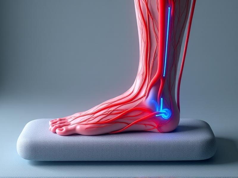 A detailed cross-sectional medical illustration of a human leg showing veins and arteries. Blue and red highlights depict blood flow changes when the foot is elevated at a 15-degree angle on a textured gray footrest. Arrows indicate improved venous return, with a minimalist scientific aesthetic.