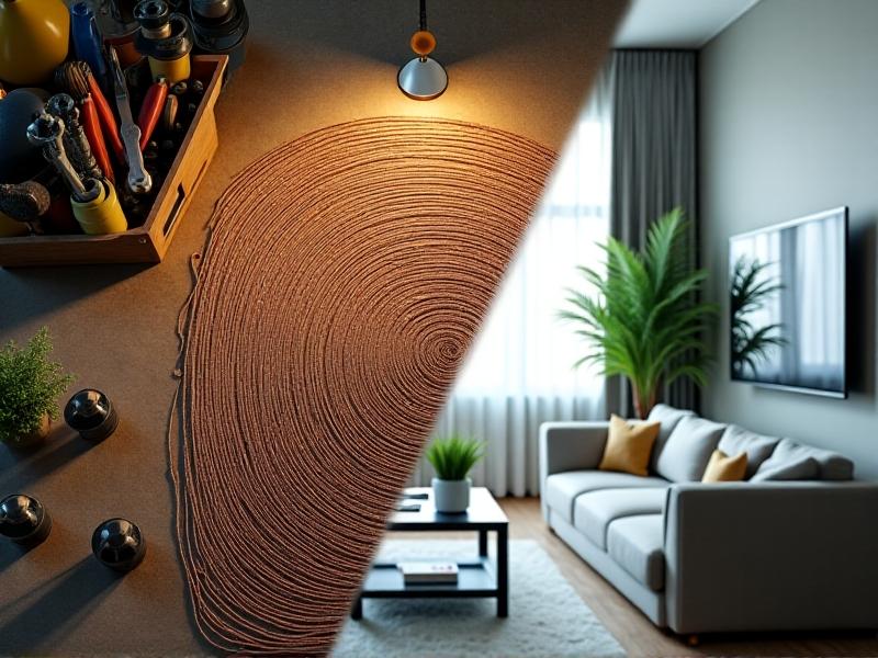 A split image showing a homemade earthing mat with copper wires and fabric beside a sleek commercial mat with a branded logo. Workshop tools on one side, a modern living room on the other. Keywords: DIY grounding mat, commercial earthing products, conductive fabric projects.