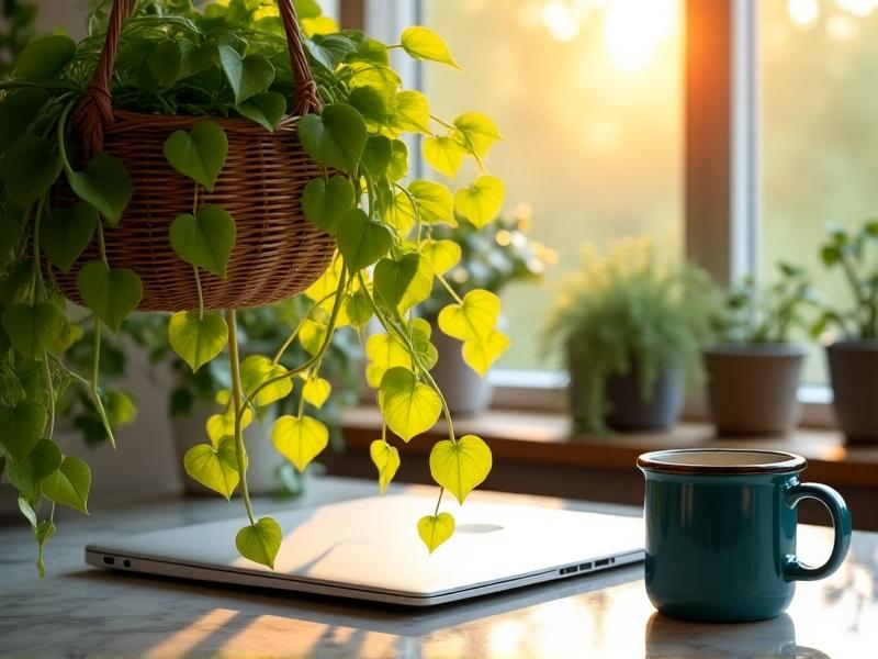 Golden pothos vines spilling from a hanging woven basket above a desk, heart-shaped leaves in gold and green gradients. Backlit by a sunny window, casting soft shadows on a marble desk surface with a laptop and coffee mug.