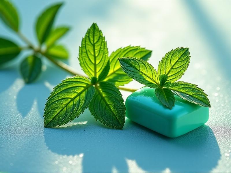 Fresh peppermint leaves with dewdrops, arranged beside a pack of gum on a frosty blue background. Morning light casts soft shadows, evoking a crisp, awakening sensation that mirrors the flavor’s cognitive effects.