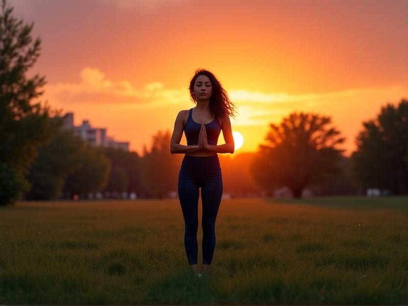 A woman in navy leggings and a cropped tank top performing a sunset yoga pose in a grassy urban park, silhouetted against orange and pink sky hues, palms pressed together in Anjali Mudra.